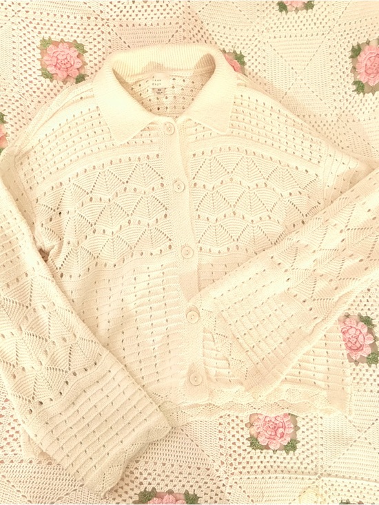 a new day Sweaters - a new day Cream Openwork Crochet Button-Front Cardigan